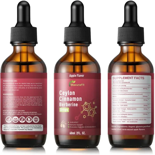 Vista 8 de Ceilán canela berberina amarga gotas líquidas suplemento con cúrcuma, té verde, vinagre de sidra de manzana, aceite de semillas negras