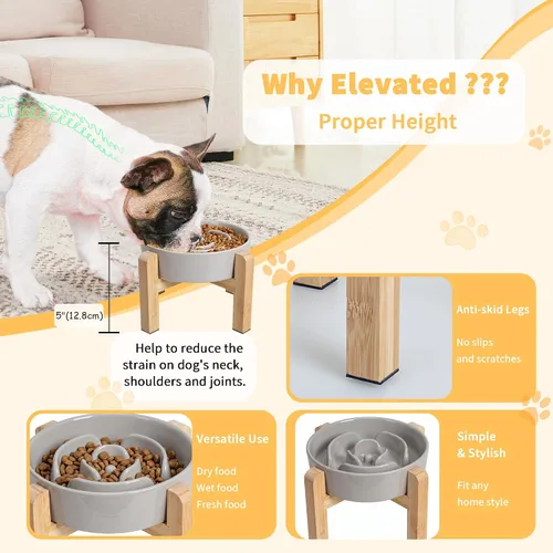 Vista 4 de Cuenco elevado para perros de alimentación lenta, cuenco de cerámica para Gris