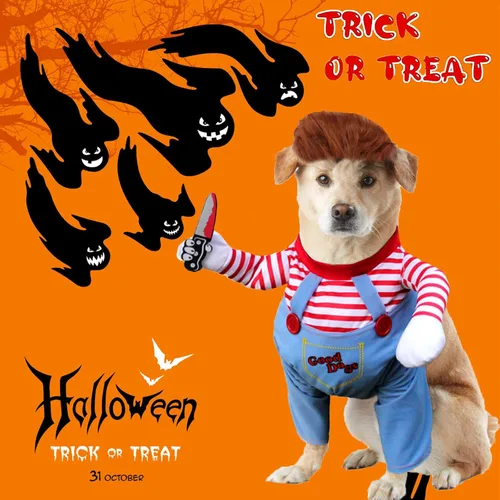 Vista 6 de Disfraz de perro de muñeca mortal para mascotas, divertido disfraz de Chucky de Halloween para perros pequeños, medianos y grandes, gatos