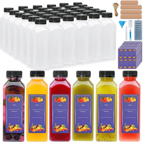 Vista 10 de Botellas de plástico de 8 onzas con tapas, botellas de plástico con tapas negras a prueba de manipulaciones, recipientes de jugo reutilizables