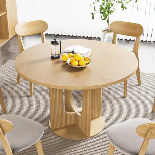 Vista 9 de Weselon - Mesa de comedor redonda campestre con nervaduras para 4, mesa de cocina circular de 47 pulgadas con base de pedestal de madera, mesas