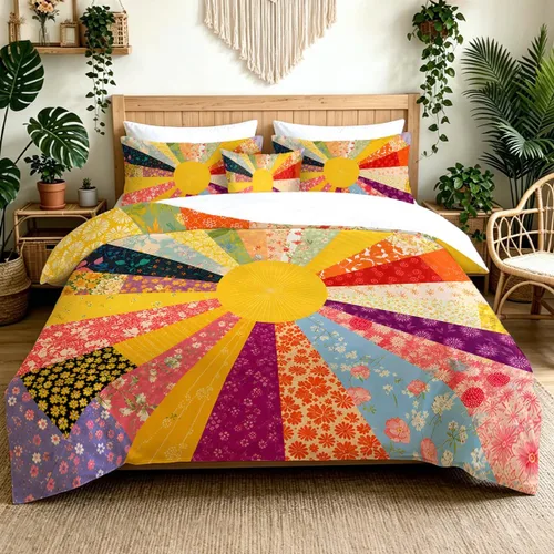 Vista 2 de Juego de ropa de cama de 4 piezas con diseño floral de explosión de sol Patchwork Artesano