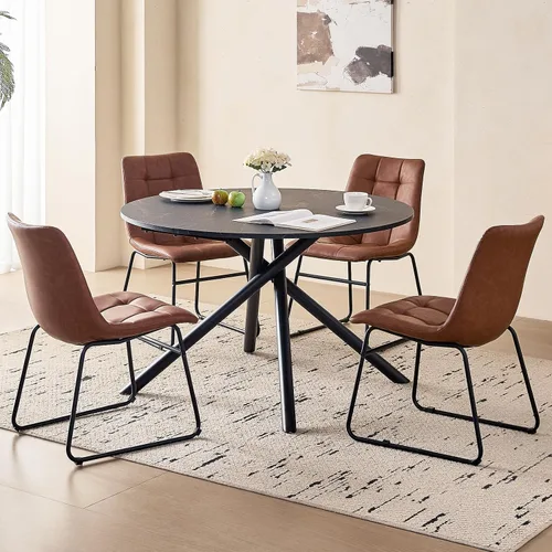 Vista 21 de Juego de mesa de comedor redonda de 47 pulgadas para 4, mesa redonda moderna de cocina, patas cruzadas de metal recubierto con 4 sillas de comedor