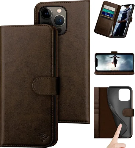 Vista 15 de DuckSky Funda tipo cartera de piel auténtica para iPhone 14 Pro Max de 6.7 pulgadas. Bloqueo RFID. 4 tarjeteros de crédito. 【Cuero auténtico】 Funda