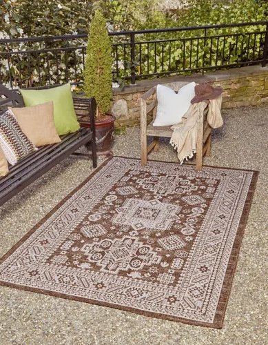 Vista 66 de Unique Loom Outdoor Aztec Collection Alfombra de área, Chalca (5 pies 3 pulgadas, octágono, aguamarina/marfil)