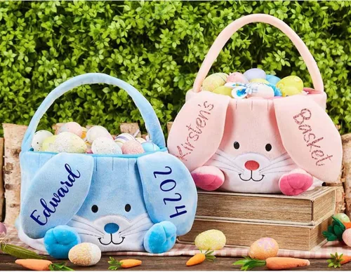 Vista 5 de Personalized Bunny Easter Basket, Custom Embroidered Monogram Easter Bucket Plush Easter Basket Kids Easter Gift Perfect for Toys and Candy