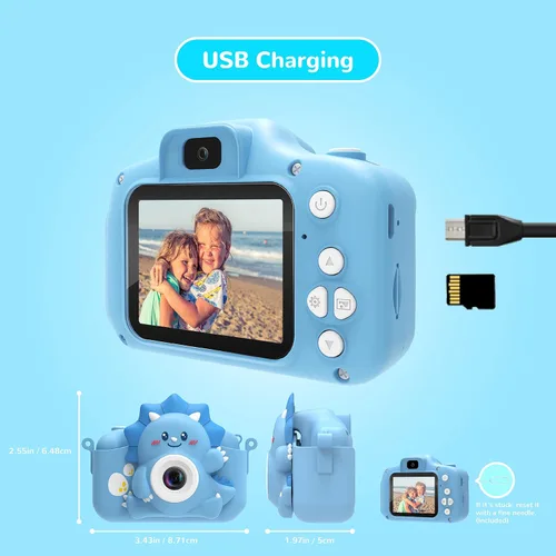Vista 7 de Cámara para niños para niñas y niños, cámara digital HiMont para niños con tarjeta TF de 32 GB, cámara para niños de 1080P y cámara de video selfie