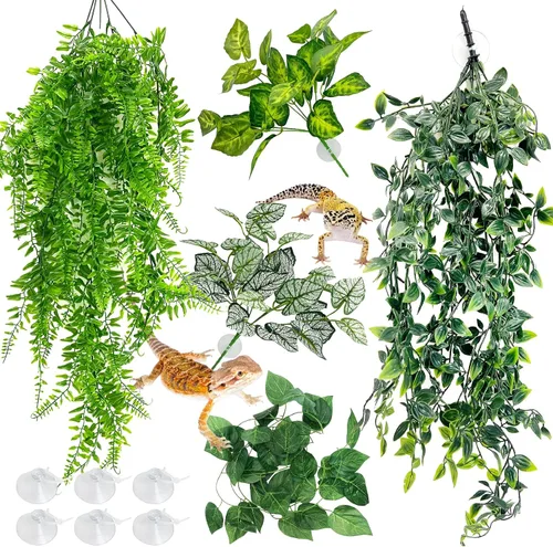 Vista 12 de Hamiledyi Plantas Artificiales para Reptiles, Vid Trepadora Flexible de Selva para Terrario, Rama de Ramas de Plástico Flexibles con Hojas Colgantes