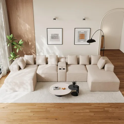 Vista 25 de ONEMMLION - Sofá grande sin hueso de 131 pulgadas con diván, color beige Corduroy, U-Shaped Modular Sectional Couch for Living Room, Memory Foam