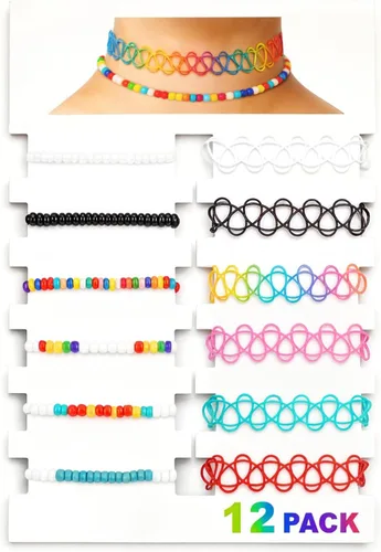 Vista 33 de BodyJ4You Juego de 12 gargantillas elásticas estilo tatuaje, accesorios y joyería de los años 90 y 2000, rosado, azul, verde, colorido, arcoíris