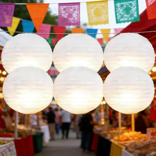 Vista 7 de 6 linternas de papel blancas con luces LED, linterna redonda de 12 pulgadas, lámpara de papel colgante para cumpleaños, boda, Navidad, novia