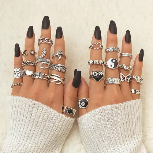 Vista 6 de IFKM Juego de 15-63 anillos de nudillos de plata vintage para mujeres y adolescentes anillos apilables de dedo articulado bohemios retro huecos