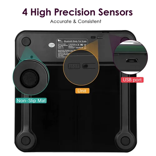 Vista 7 de himaly Báscula de baño recargable por USB para peso corporal, báscula digital Bluetooth para un IMC preciso y monitor de composición de masa