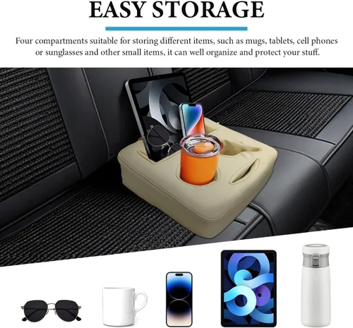 Vista 5 de Organizador para Asiento Trasero de Coche, Bandeja Expansora de Portavasos para Asiento Trasero de Automóvil de Cuero, Bandeja Portavasos
