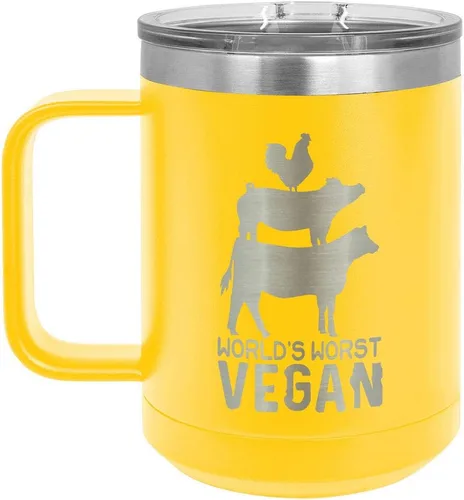 Vista 13 de Worlds Worst - Taza de café vegana negra de 15 onzas con tapa superior deslizante, taza de café de viaje aislada Idea de regalo para barbacoa