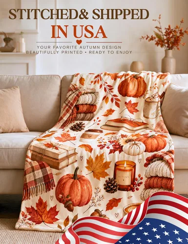 Vista 9 de Personalized Fleece&Sherpa Throw Blanket - Cozy Autumn Pumpkin Coffee Books (Fleece, 60 * 80)