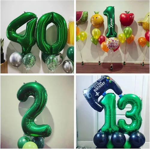 Vista 4 de Globos de color verde oscuro con el número 10 de 40 pulgadas, globos de helio de papel de aluminio de 10 pulgadas para decoración de eventos de 10º