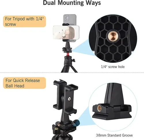 Vista 3 de Andoer AD-04 Soporte de trípode universal para teléfono con soportes para teléfono duales Abrazadera horizontal vertical para teléfono 4 Soporte