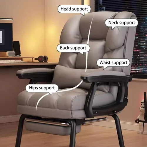 Vista 4 de Silla de oficina de piel sintética suave gruesa con almohada lumbar de espuma viscoelástica y reposapiés oculto. Puedes acostarte con un clic