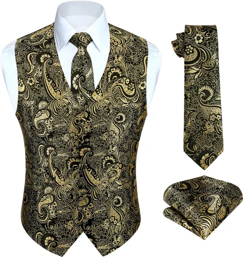 Vista 14 de HISDERN Conjunto de 3 piezas de chaleco formal para hombre, chaleco formal de cachemira floral jacquard corbata bolsillo cuadrado chalecos