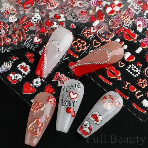 Vista 5 de Calcomanías de arte de uñas para el día de San Valentín, calcomanías de uñas de corazón lindo perro, oso, flor, corazón, amor, San Valentín, diseño