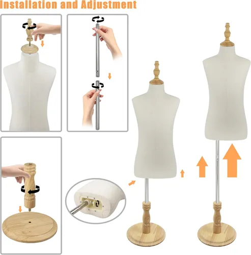 Vista 5 de Maniquí infantil para exhibición de ropa, torso de maniquí ajustable para niños con base de madera, 2-3 años 15" - 28" Height Adjustable, Beige