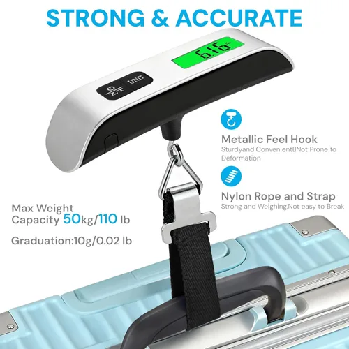 Vista 4 de Báscula digital de equipaje, báscula de equipaje portátil de 110 libras para viajes con pantalla LCD retroiluminada, conmutación de 4