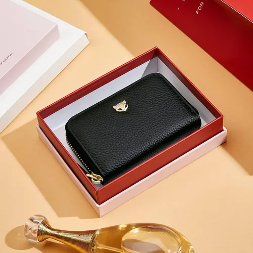 Vista 8 de FOXLOVER Mini tarjetero de crédito RFID para mujer, cartera pequeña de cuero para tarjetas, Negro, talla única , Moda
