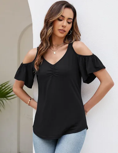 Vista 2 de Micoson Camisetas de verano con hombros descubiertos para mujer, camisas de manga corta para mujer, blusa floral fruncida, clásica y bonita túnica