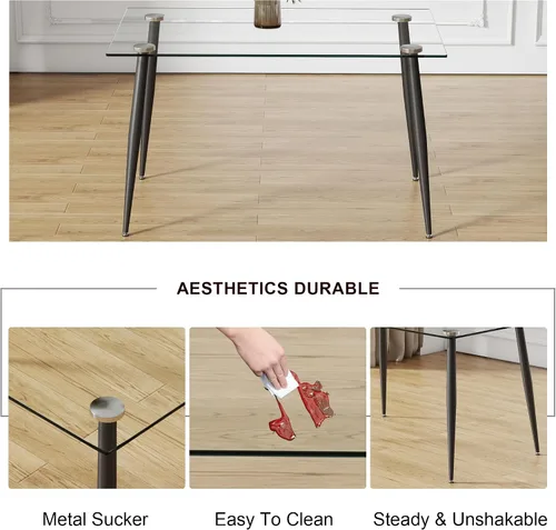 Vista 4 de Ebullient Mesa de comedor de cristal, mesa rectangular moderna de 51 pulgadas con amplia mesa de vidrio templado y patas de mesa de metal negro