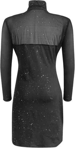 Vista 4 de Vestido de fiesta con cuello alto y purpurina para mujer sexy con dobladillos divididos de malla de contraste cuello alto manga larga