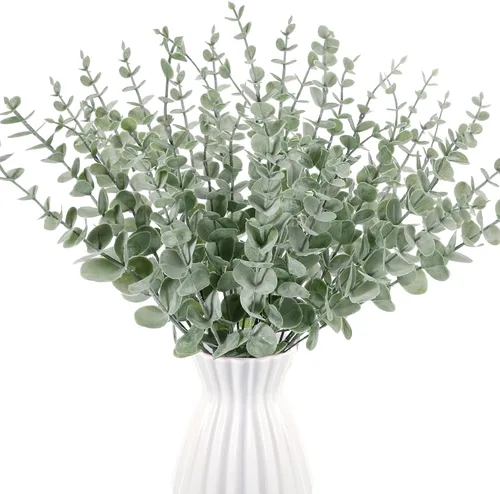 Vista 7 de 100 tallos de eucalipto, hojas de eucalipto artificiales, decoración de eucalipto, ramas de vegetación sintética para centros de mesa de boda, ramo