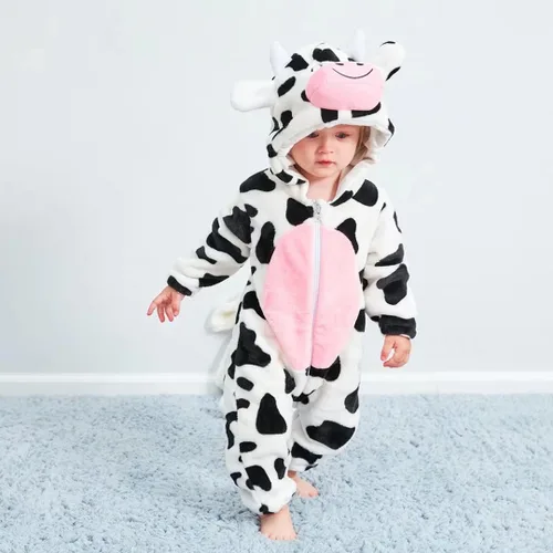 Vista 2 de QIAONIUNIU Disfraz de vaca para bebé para Halloween, mameluco para niños pequeños, rómper para cosplay, de 18 a 24 meses
