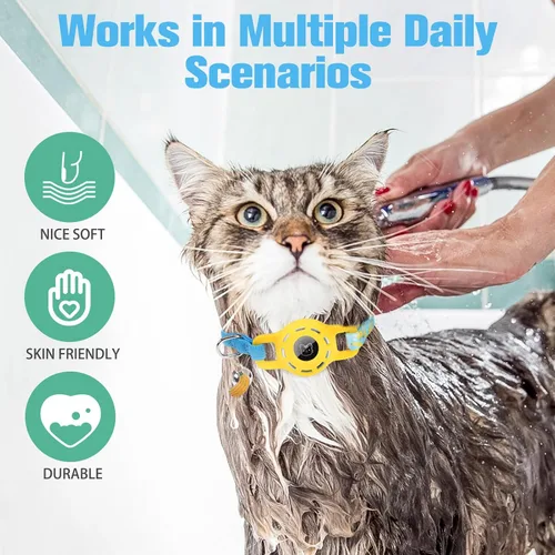 Vista 7 de BINGPET AirTag - Collar de gato con campanas, collar elástico de seguridad mejorado con soporte para collar de gato Airtag, collares de gato
