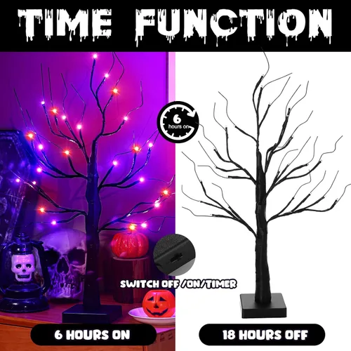 Vista 5 de Ganeen 2 piezas de decoración de Halloween para interiores de 24 pulgadas/2 pies iluminados naranja y morado árbol de abedules con 48 luces LED