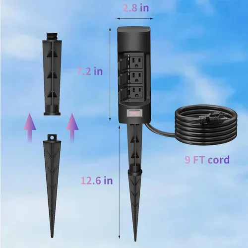 Vista 7 de K KASONIC Estaca de Energía para Exteriores, Cable de Extensión con Regleta de 6 Tomas de 9 pies Kasonic, Doble Cara con Cubiertas Abatibles
