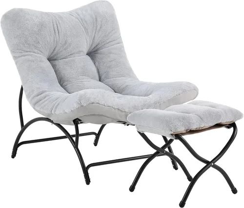 Vista 11 de Tiita - Silla acentuada perezosa con otomana, cómoda silla de ocio con estructura metálica y tela de felpa, silla reclinable acogedora con asiento