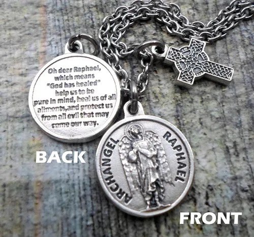 Vista 2 de Collar de oración de Arcángel Rafael, llavero o clip, joyería católica de San Patrón, personalizable con opción inicial o piedra natal de cristal