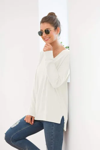 Vista 5 de Jouica - Suéter suelto con cuello en V y mangas murciélago para mujer, estilo casual y ligero