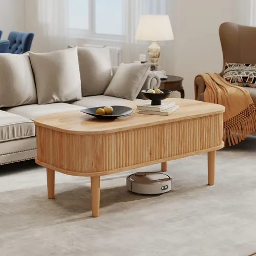 Vista 8 de Mesa de centro acanalada con tapa elevable y almacenamiento oculto, mesa de centro ovalada con tapa elevable, diseño moderno de mediados de siglo