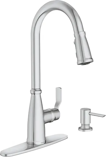 Vista 23 de Moen Nolia Oro Bronce de Una Manija con Un Solo Orificio Grifo de Cocina de Resorte con Rociador Desplegable y Dispensador de Jabón, 87886BZG