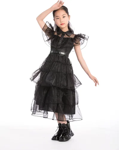 Vista 4 de CFNRHEOU Wednesday Addams Dress for Kids Girls,Family Party Dress Up Cosplay Outfit Gothic Dress Halloween Costumes with Hair