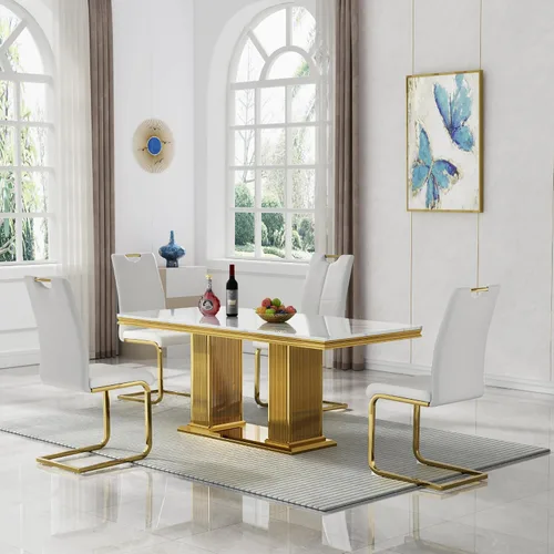 Vista 42 de 5 Piece Black Marble Dining Table Set for 4, Modern Faux Marble Kitchen Dining Room Tables with 4 Leather Chairs Set, 68.11" Luxury Rectangular