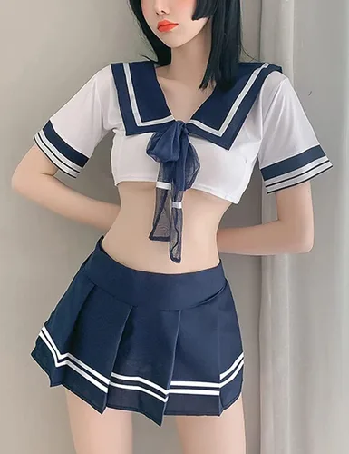 Vista 3 de Unibaby Conjunto de lencería para niñas de cosplay, colegial, minifalda, disfraz de marinero con medias
