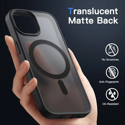 Vista 4 de JETech - Carcasa magnética mate para iPhone 15, color negro Compatible con MagSafe, parte trasera mate translúcida, protección delgada a prueba