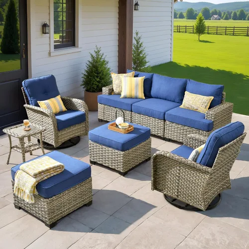 Vista 64 de HOOOWOOO Juego de Muebles Seccionales para Patio al Aire Libre, 6 Piezas Juegos de Conversación de Mimbre Sofá en Forma de L, Sofá Extra Profundo