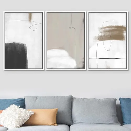 Vista 235 de SIGNFORD - Set de obras de arte en lienzo enmarcado para pared, ilustraciones abstractas de neblina del desierto en tonos neutros beige y marrón