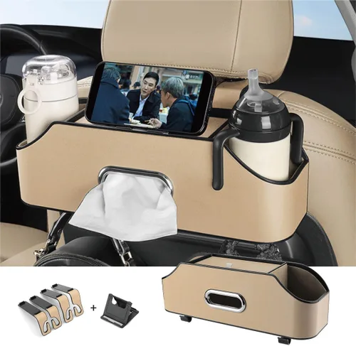 Vista 7 de Organizador de asiento trasero de automóvil con 2 portavasos para bebidas, soporte para pañuelos, ganchos para asiento de automóvil