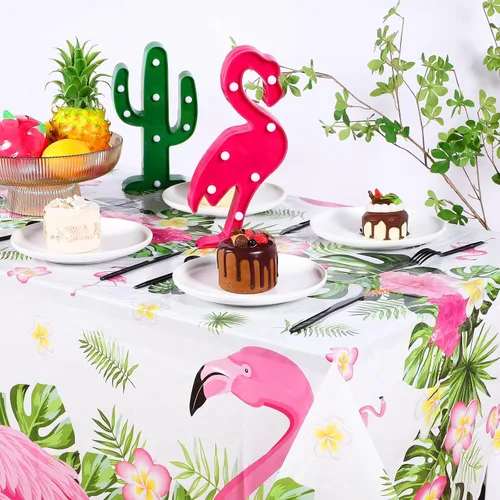 Vista 5 de Preboun 3 manteles de verano con diseño de flamenco para fiestas, mantel de plástico tropical hawaiano, 54 x 108 pulgadas, decoración de mesa rosa