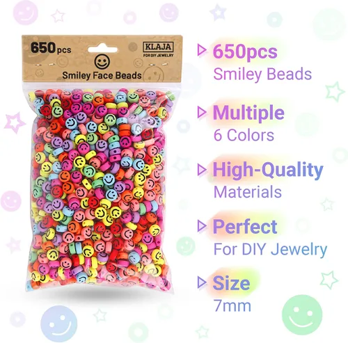 Vista 5 de 650 cuentas de cara sonriente, 0.27 x 0.157 pulgadas, paquete grande Cuentas coloridas mezcladas, cuentas de cara feliz para manualidades, joyas